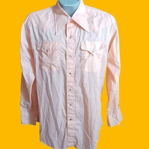 Vintage Cowboy Shirt Large 1970's Western Peach Pink Snap Long Sleeve Panhandle